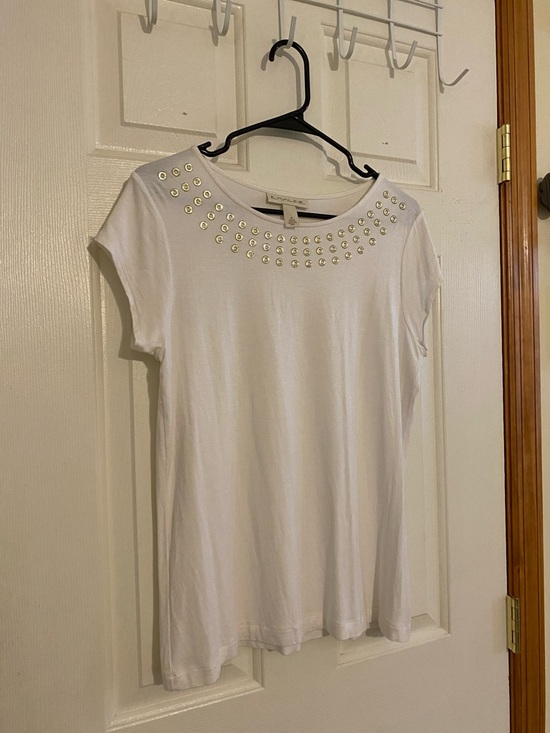 Emaline Tops - Embellished White Crewneck Short-Sleeve Tee